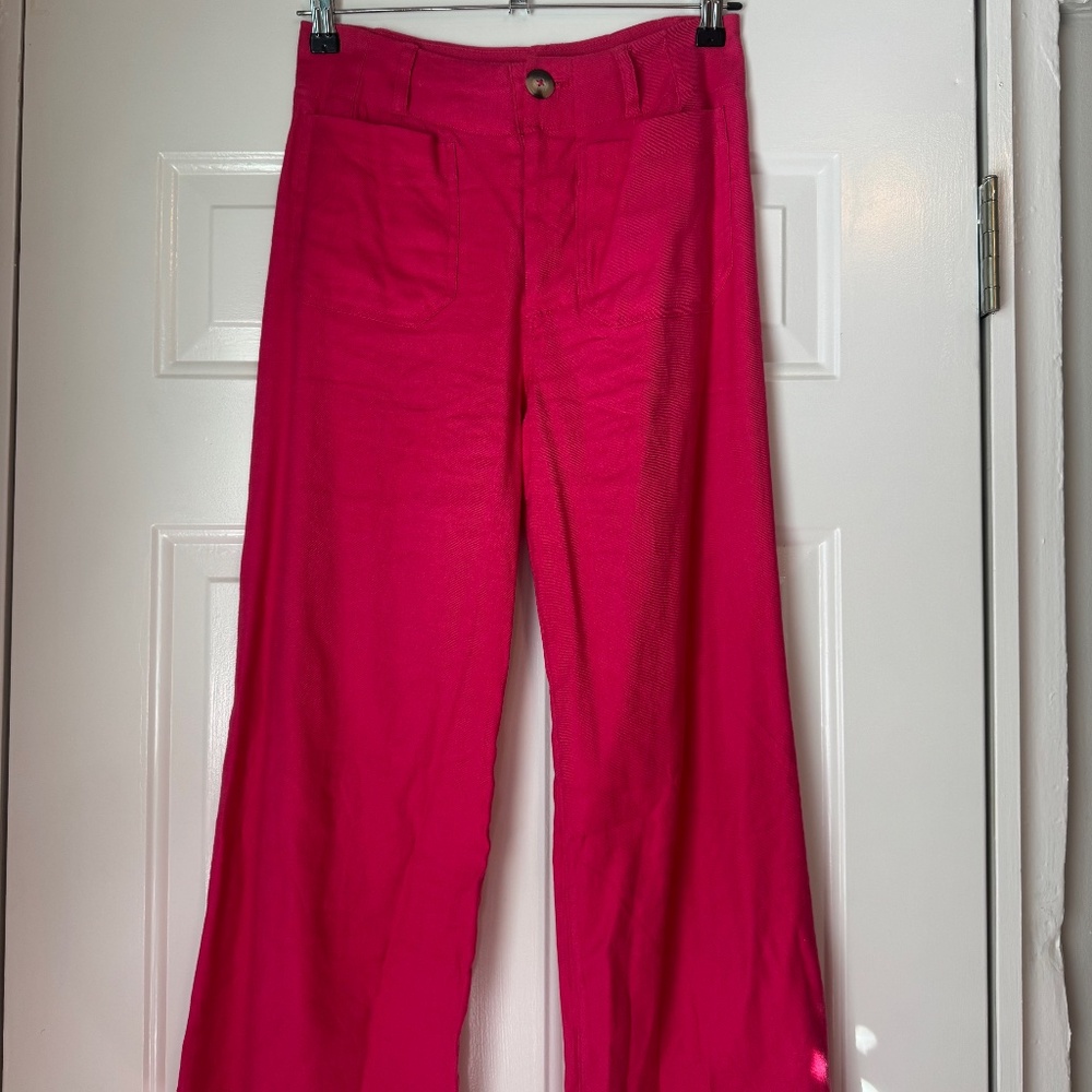 Anthropologie Maeve The Colette Wide Leg Linen Blend Pants Pink High Rise Crop